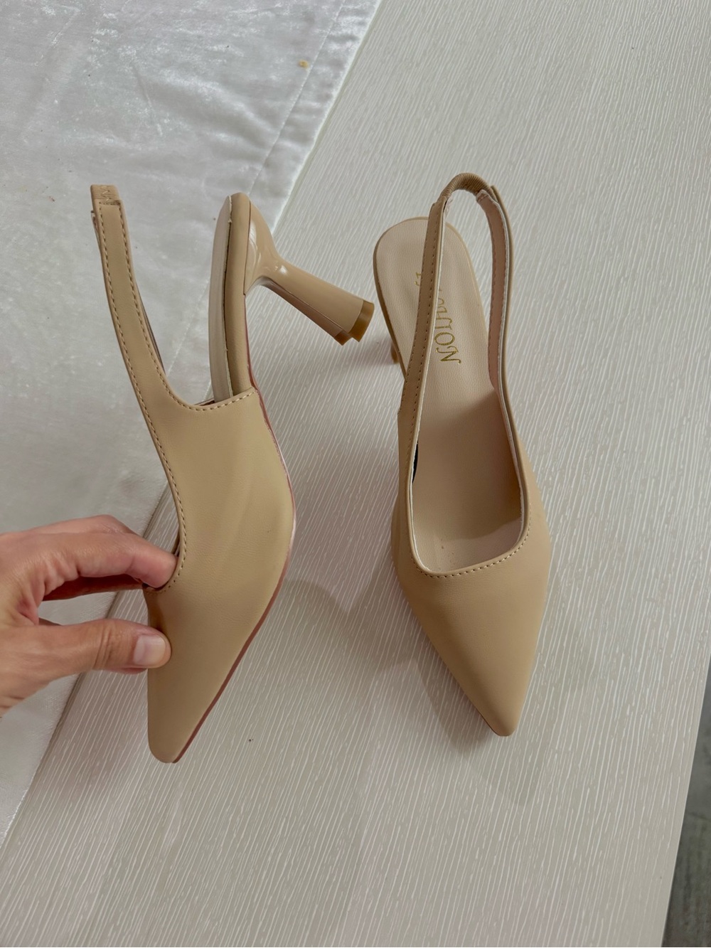 Beige Pointed-Toe Slingback Heels